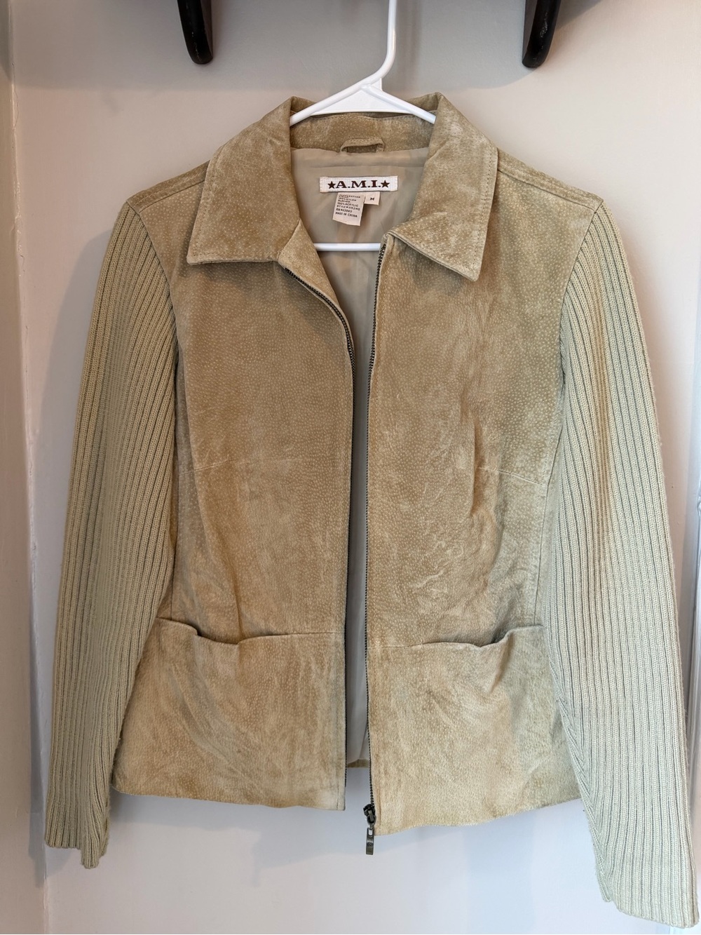 Vintage Women's Beige Suede/Leather Zip Front Jacket